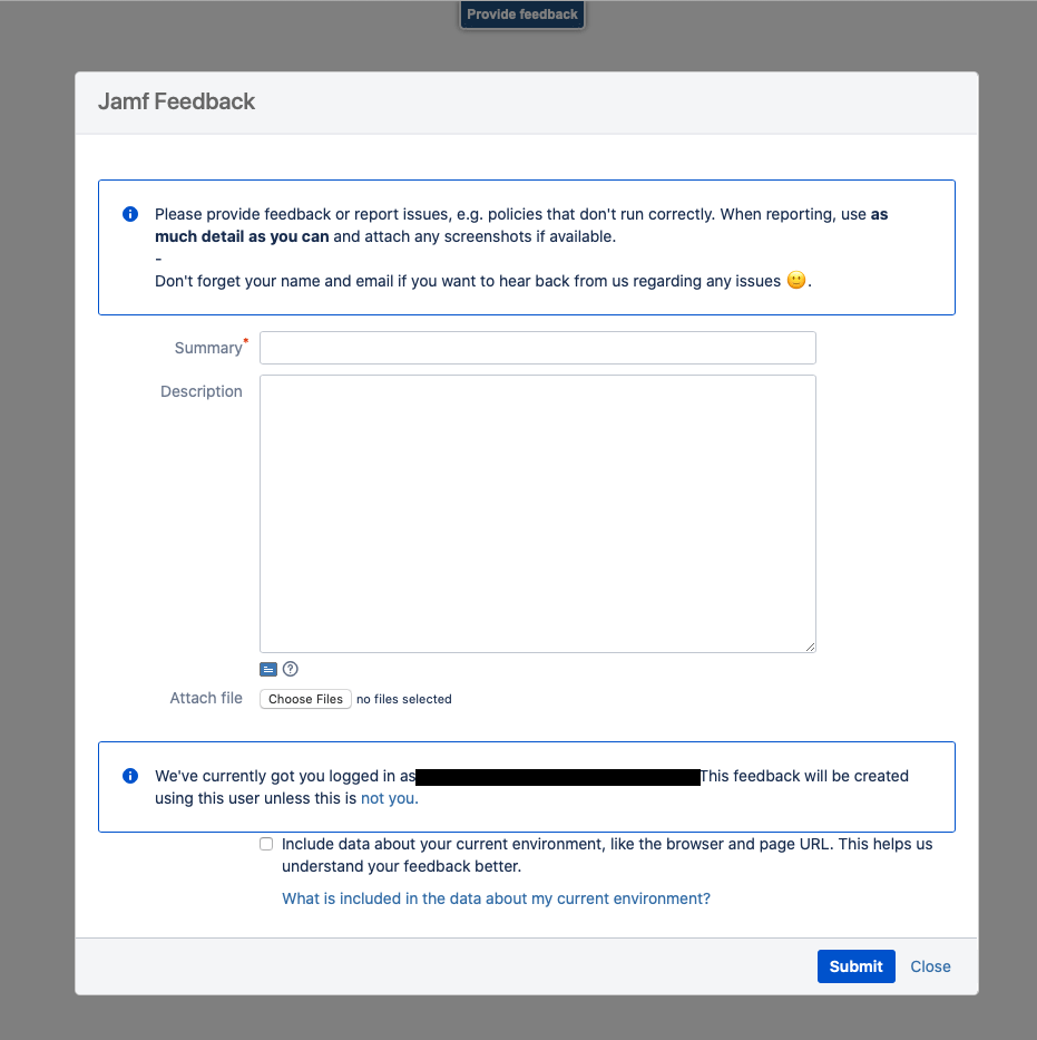 The JIRA feedback form opening automatically over Jamf Self Service