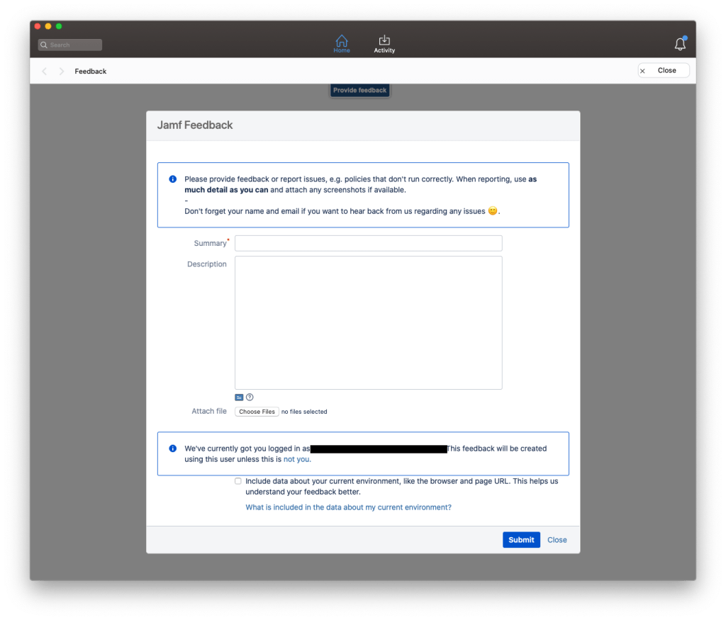 The JIRA feedback form displayed inside Jamf Self Service on macOS