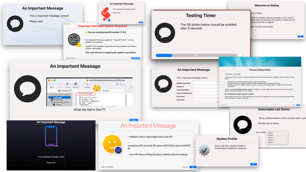 A collage of Dialog windows showing various features including update prompts, custom fields, a timer, and a list selector