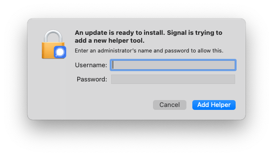 macOS helper tool authorisation prompt triggered by a Squirrel-based Electron app updater