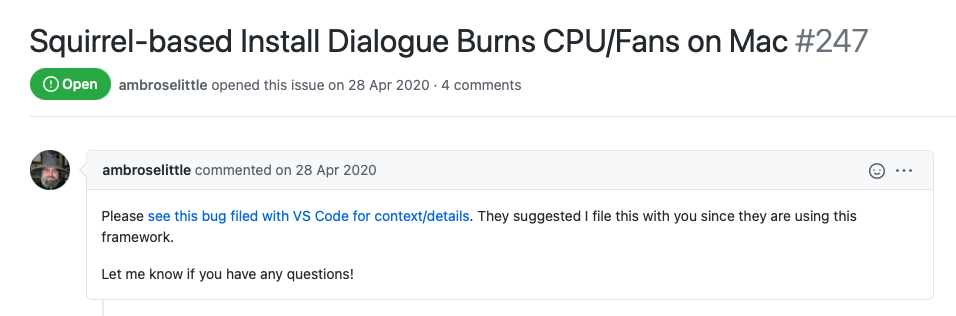 GitHub issue titled Squirrel-based Install Dialogue Burns CPU/Fans on Mac