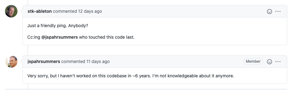 GitHub issue comment noting the maintainer hasn't worked on the Squirrel codebase in years