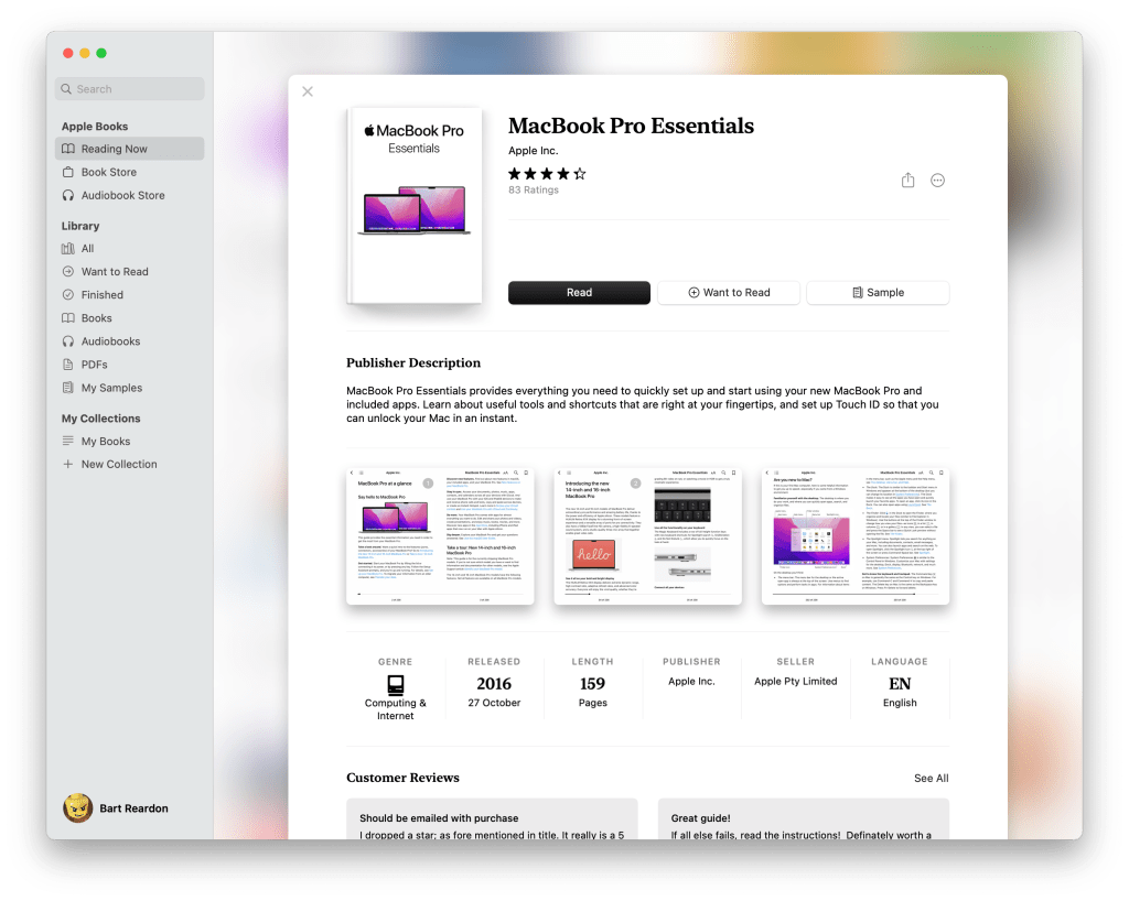 Apple Books listing for the MacBook Pro Essentials guide