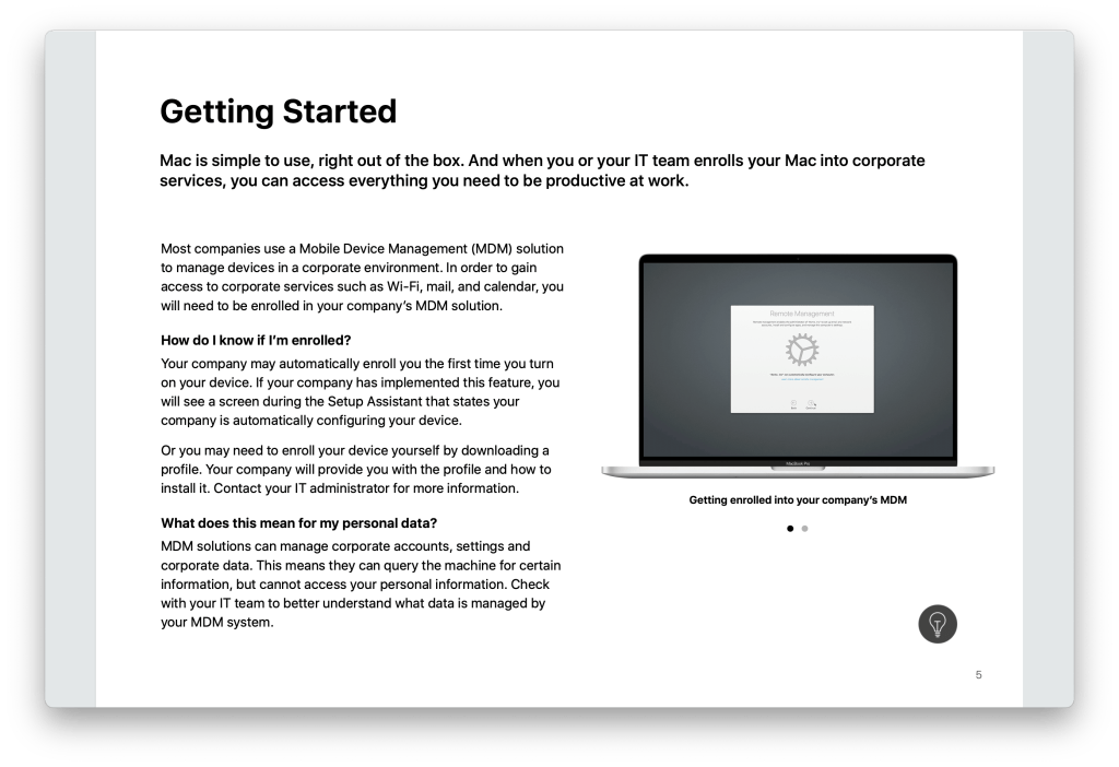 Employee Starter Guide page explaining how to enrol a Mac into MDM