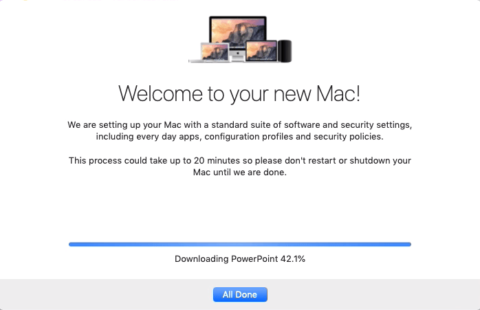 macOS setup screen showing PowerPoint downloading during Office install
