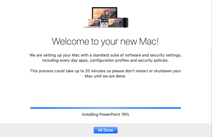 macOS setup screen showing PowerPoint installing during Office install