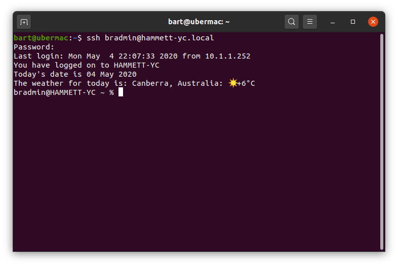 An SSH login showing a custom MOTD with the current date and local weather
