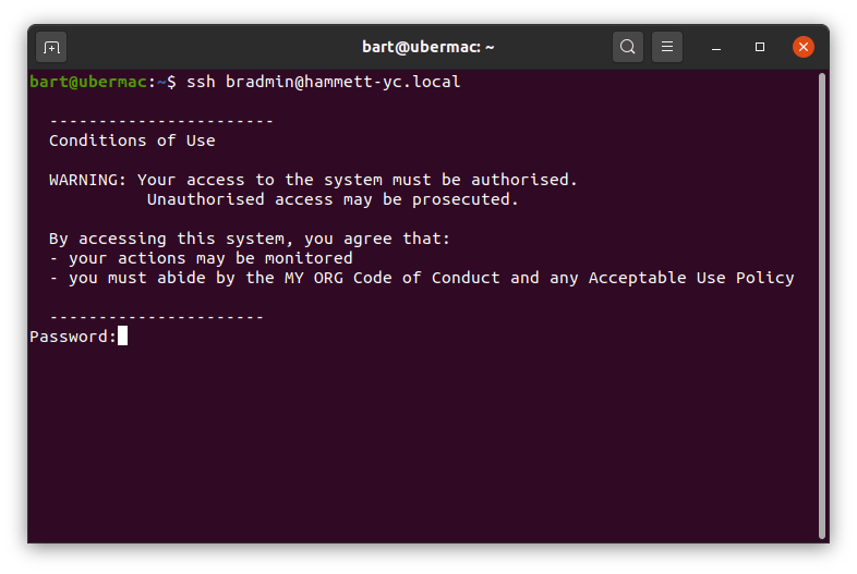 An SSH login banner showing a Conditions of Use warning before the password prompt